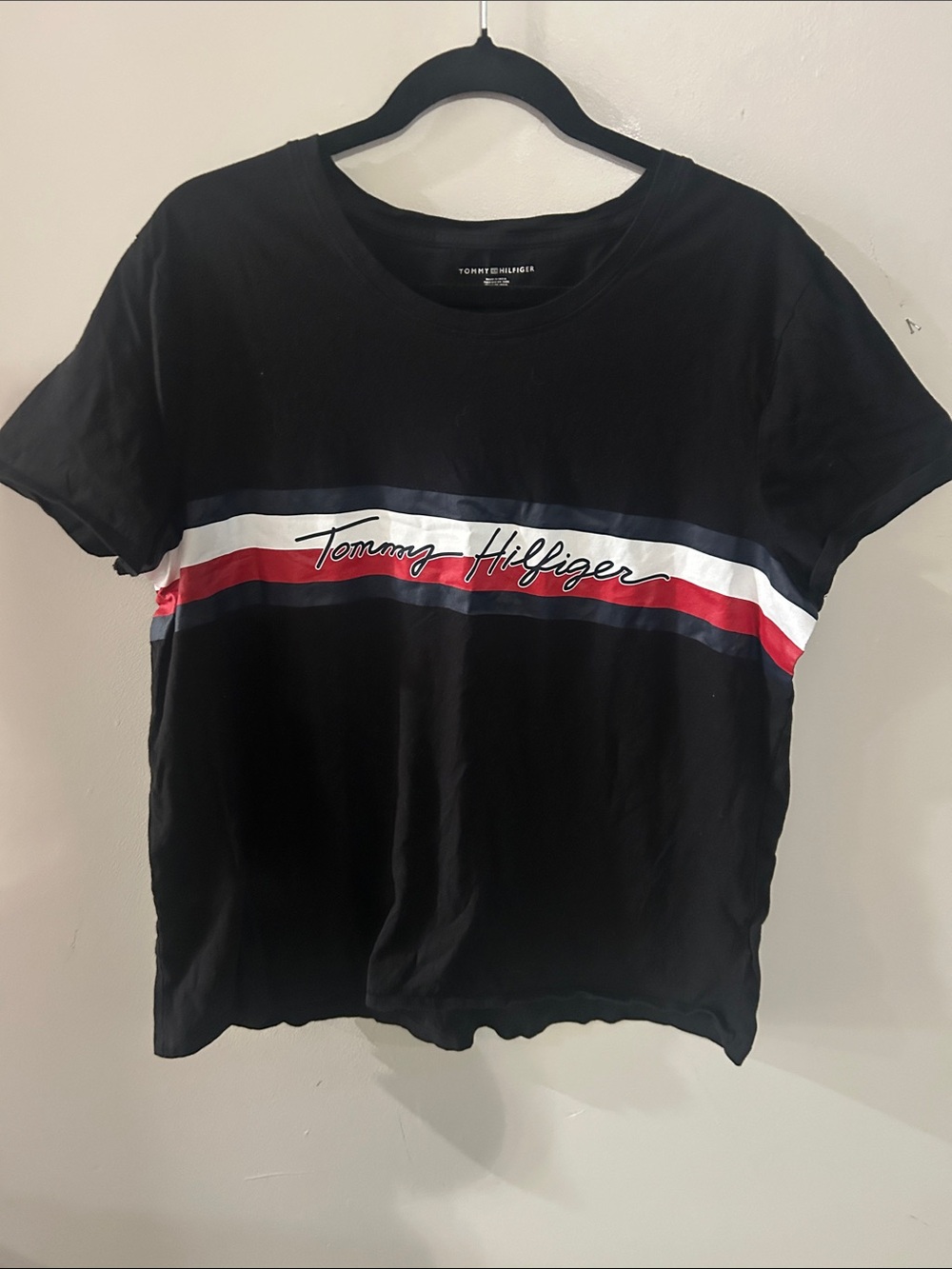 Tommy Hilfiger Black Short Sleeve Tee with Red White and Navy Stripe Script